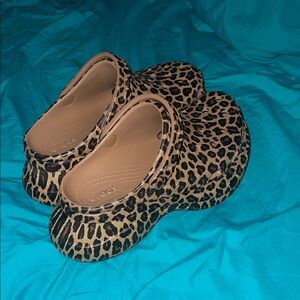 CROCS Women's Tan and Black Animal Print platform Clogs